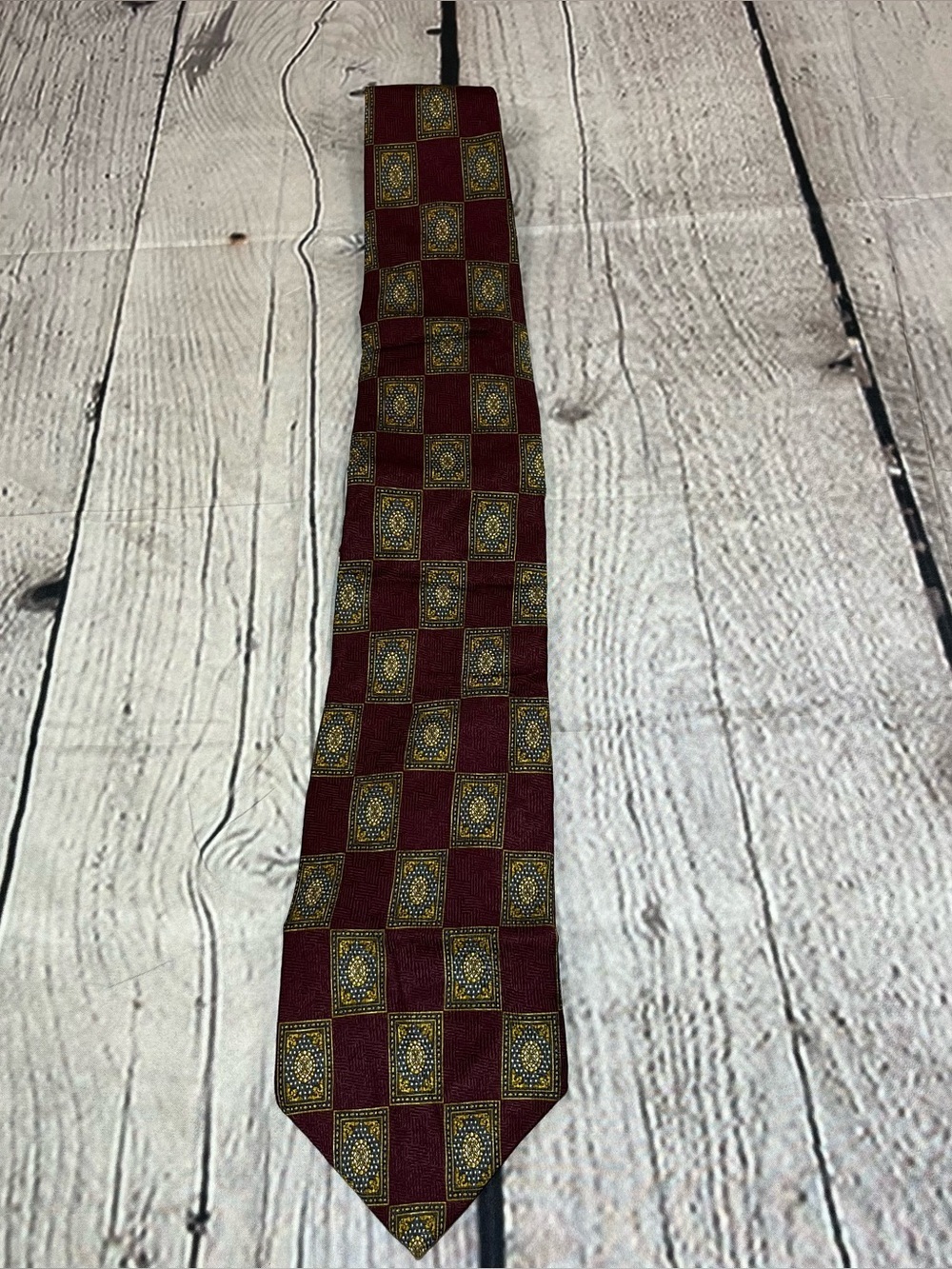Vintage Christian Dior Cravate Silk Mens Tie Geometric Maroon Gold 55 Inches